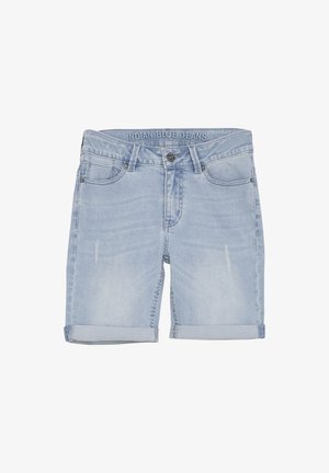 Lichtblauwe denim shorts met opgerolde zoom, klassiek vijf-pocketontwerp, vervaagde details en een logopatch op de tailleband.
