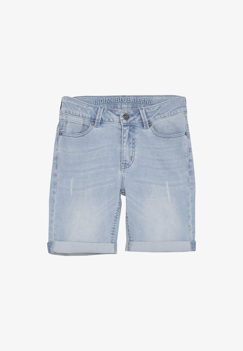 Hellblaue Denim-Shorts mit umgeschlagenem Saum, klassischem Fünf-Taschen-Design, verblassten Details und einem Logopatch am Bund.