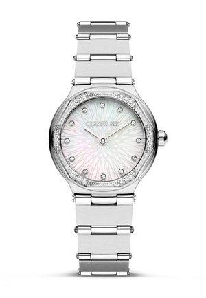Silver octagonal watch featuring a mother-of-pearl dial, crystal hour markers, and a metallic bracelet with polished links.