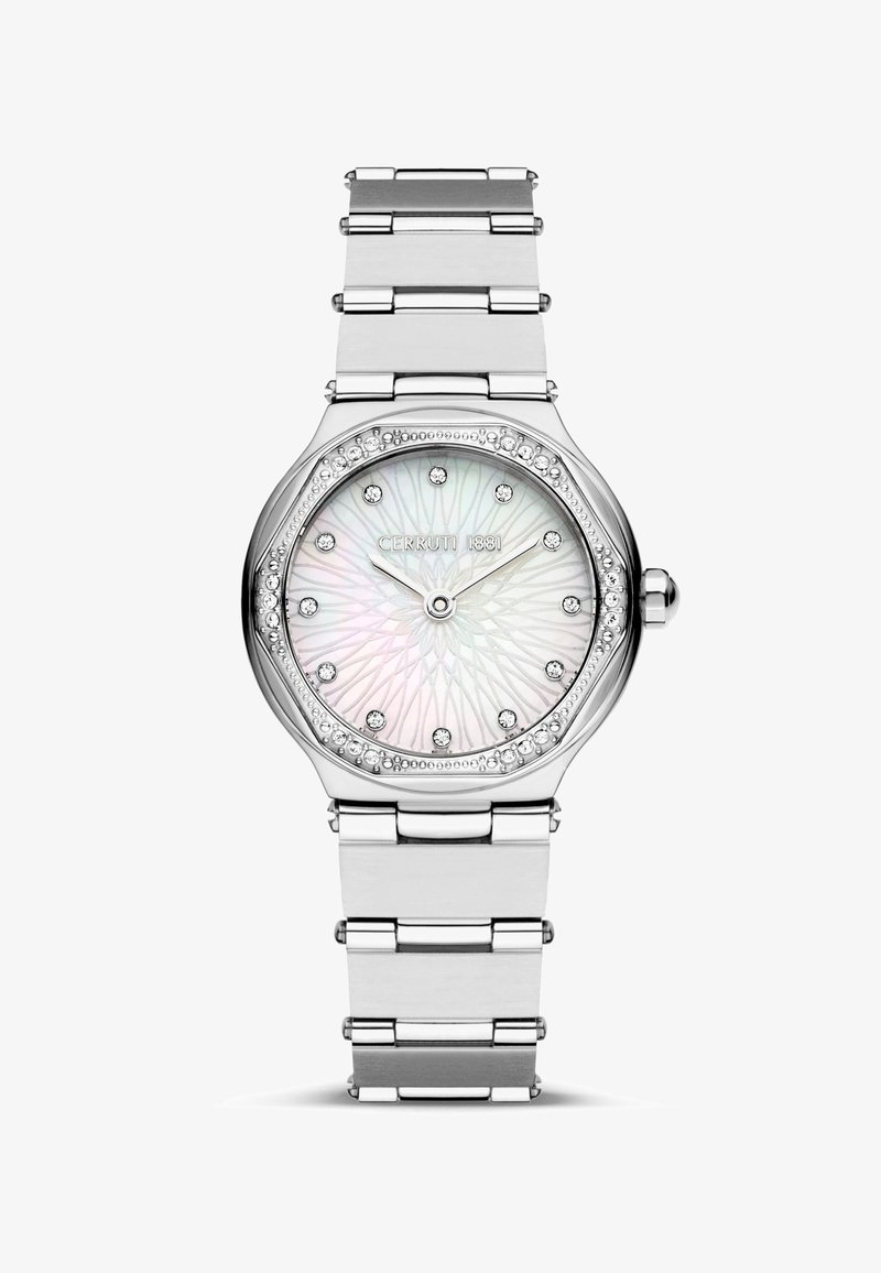 Srebrny ośmokątny zegarek z tarczą z masy perłowej, kryształowymi znacznikami godzin i metalową bransoletą z wypolerowanymi ogniwami.