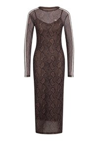 Robe en mesh à manches longues et coupe ajustée avec imprimé serpent marron et bandes blanches sur les manches, avec un petit logo Adidas sur la poitrine.