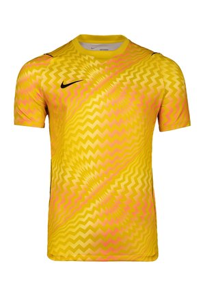 Maillot de football jaune vif avec motifs en zigzag roses, manches courtes, col rond, et logo Nike Swoosh noir sur la poitrine droite.