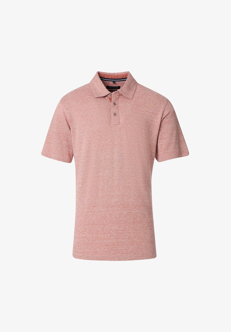 Koszulka polo z krótkim rękawem wykonana z miękkiej szarej tkaniny w odcieniu różowym. Posiada klasyczny kołnierzyk, zapięcie na dwa guziki oraz prosty dół.