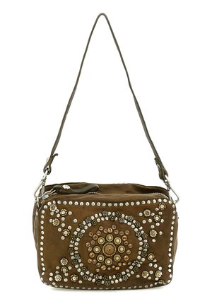 Borsa a tracolla in camoscio marrone con decorazioni circolari e floreali di strass, chiusura con cerniera e tracolla regolabile con fibbie in metallo.