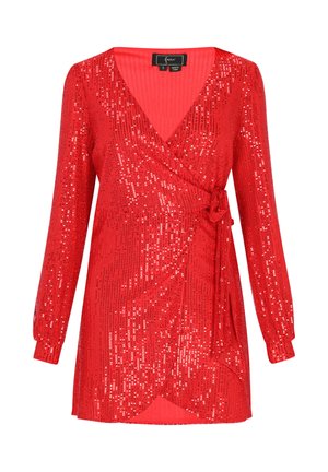 Rotes Wickelkleid mit langen Ärmeln, aus Paillettenstoff gefertigt. Hat einen tiefen V-Ausschnitt, eine Bindung an der Taille und einen seitlichen Schlitz für zusätzliche Details.