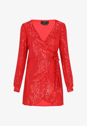 Abito avvolgente rosso con maniche lunghe, realizzato in tessuto di paillettes. Caratterizzato da un profondo scollo a V, cintura in vita e spacco laterale per un tocco in più.