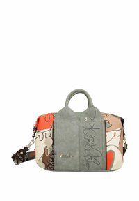 Bunte Handtasche mit einer Mischung aus glatten und strukturierten Materialien, mit grauem Oberteil und abstrakten Mustern in Orange, Beige und Braun.