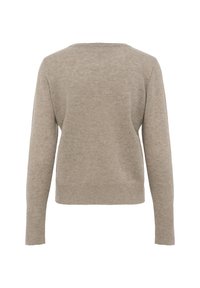 Beige strikket sweater med lange ærmer, ribbede manchetter, kant og halsudskæring, vist fra bagsiden på hvid baggrund.