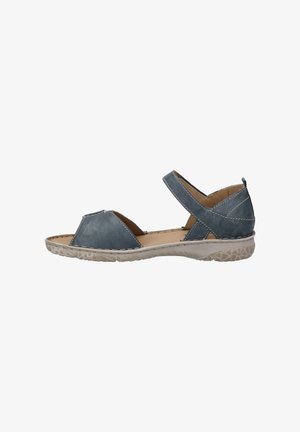 Blue leather sandal with open toe and cross-strap design. Textured sole with a patterned edge and visible stitching accents.