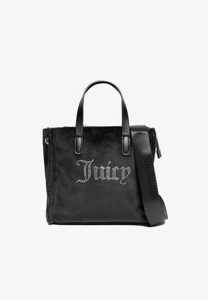 Borsa a mano in tessuto nero con due manici superiori e una tracolla removibile, caratterizzata da un logo "Juicy" in strass sulla parte frontale.