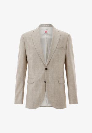 Blazer beige da uomo con revers a lancia, due bottoni scuri, tasche con patta, taschino sul petto e fodera interna bianca liscia.