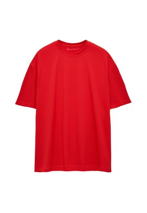 Rotes Kurzarm-T-Shirt aus glattem, leichtem Stoff, mit rundem Halsausschnitt und lockerer Passform sowie sauberen, einfachen Nähten.