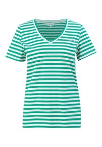 Zelené a bílé pruhované tričko s V-výstřihem, krátkými rukávy a vyšívaným textem na levém prsu. Vyrobeno z měkké bavlněné látky.