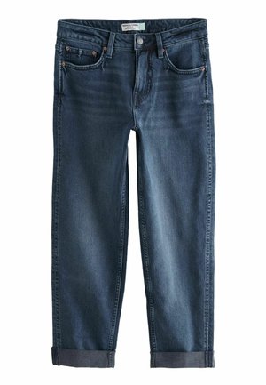 Jeans in denim blu scuro con gamba dritta, orlo risvolto, design a cinque tasche e dettagli in metallo. Presentano una finitura morbida e testurizzata.