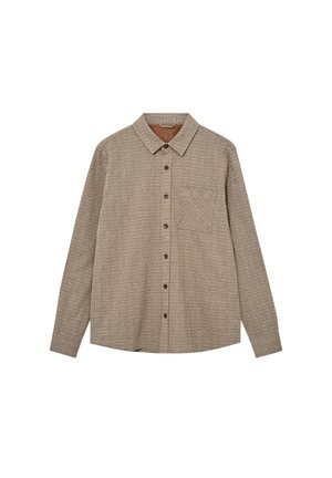 Beige langærmet skjorte med knapper, krave og enkelt brystlomme, med et subtilt tekstureret mønster.