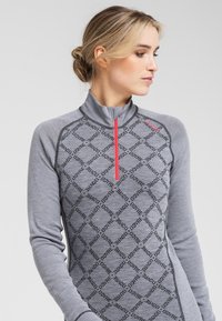Grå langærmet zip-up top med høj krave, der har et gentagende sort logo-mønster og rød lynlåsdetalje, glat tekstur.
