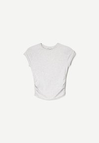 Gray short-sleeve top with a round neckline and gathered sides, made from a soft, lightweight fabric, featuring a subtle heathered pattern.