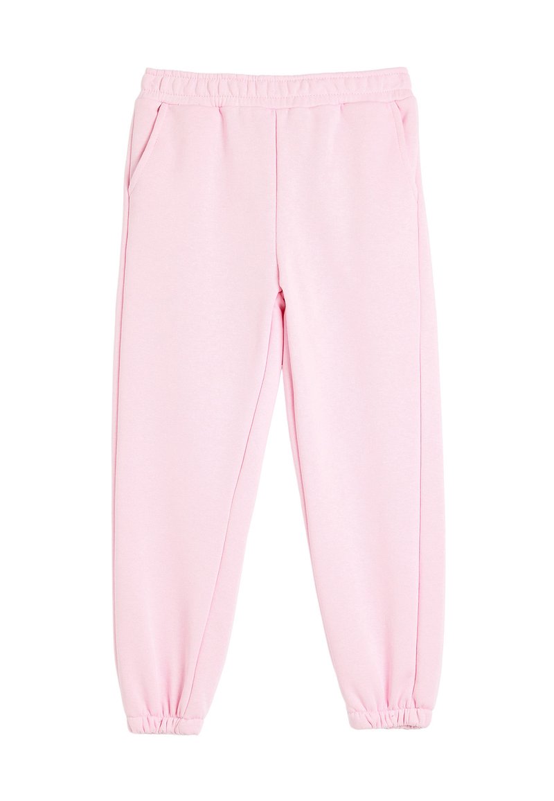 Lichtroze sweatpants van zachte stof, met een elastische tailleband, zijzakken en elastische boorden bij de enkels.