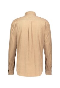 Langermet skjorte i et mykt beige stoff. Har klassisk krage, ryggfelling og knapper på ermene. Glatt tekstur med en subtil glans.