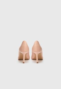 Nude høyhælte sko med spiss tådesign, glatt skinnmateriale og en slank hæl. Sålene er flate, noe som fremhever den elegante formen.