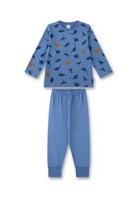 Blauwe katoenen pyjama-set met een lange mouwen top met veelkleurige dinosaurusprints en bijpassende broeken met elastische tailleband.