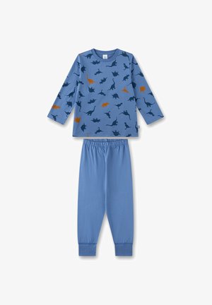 Blue cotton pajama set featuring a long-sleeve top with multicolored dinosaur prints and matching elastic waistband pants.