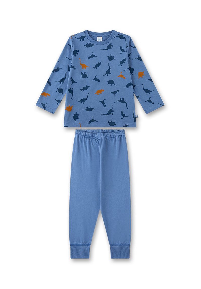 Blauwe katoenen pyjama-set met een lange mouwen top met veelkleurige dinosaurusprints en bijpassende broeken met elastische tailleband.