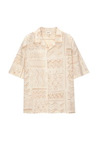 Korte mouwen shirt van lichtbeige stof met abstracte patronen in donkerder beige. Heeft een inkeping kraag en knoopsluitingen.