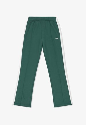 Ciemnozielone spodnie dresowe z białymi paskami po bokach, elastycznym paskiem w talii i małym logo FILA na górnej części lewej nogawki.