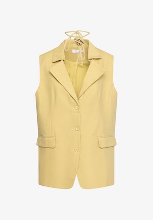 Gelber ärmelloser Blazer mit Reverskragen, vorderen Knöpfen, zwei seitlichen Taschen und einer Bindegarnitur auf der Rückseite. Glatte Stofftextur.