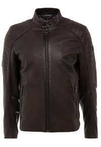 Brun läderjacka med hög krage, kviltade axeldetaljer och två sidofickor med dragkedja, med en slät yta och figursydd design.