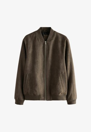 Giacca bomber marrone in materiale morbido simile alla suede. Presenta una chiusura lampo frontale, polsini a coste e due tasche laterali. Taglio classico e rilassato.