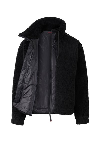 Black fleece jacket with a high collar, zip closure, and exterior made of textured fabric, featuring a smooth interior lining.