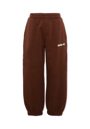 Pantaloni della tuta marroni con vita e polsini elasticizzati, con un piccolo logo "Barrow" bianco e verde sulla parte superiore della coscia sinistra.