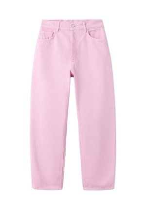Vaqueros de pierna recta de color rosa claro con bolsillos delanteros y traseros, trabillas para cinturón y cierre de botón.