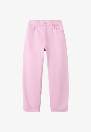 Jean rose clair à jambes droites avec poches avant et arrière, passants de ceinture et fermeture par bouton.