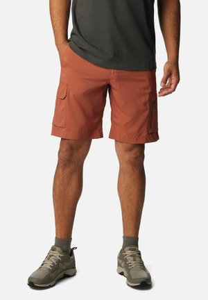 Mann trägt rostfarbene Cargo-Shorts mit Seitentaschen, graue Sportschuhe, graue Socken und ein dunkelgraues T-Shirt, steht mit entspannten Händen.