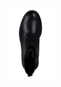Bottine noire en cuir lisse. Présente des lacets, une fermeture éclair latérale et une semelle en caoutchouc texturé pour une meilleure adhérence.