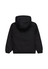 Veste à capuche noire avec manches longues, poignets élastiques et ourlet droit vue de dos sur fond blanc.