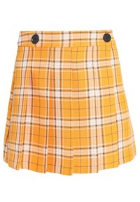 Falda a cuadros amarilla con plisados. Presenta botones negros en la cintura. El material tiene una textura suave con un patrón de cuadros en líneas blancas y negras.