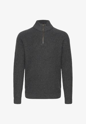 Grauer gestrickter Pullover mit hohem Kragen und einem Viertelreißverschluss. Die Textur ist gerippt und der Schnitt ist leger, ideal für Freizeitkleidung.