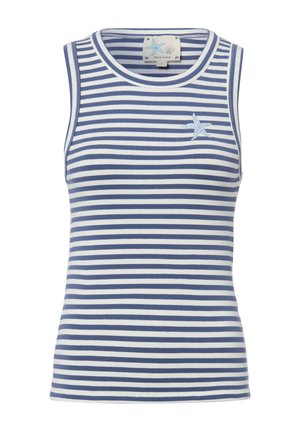 Bezrękawnik w prążki z poziomymi białymi i niebieskimi paskami, okrągłym dekoltem i małą naszywką przedstawiającą rozgwiazdę na lewej piersi.