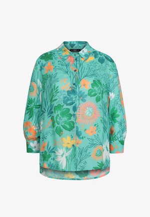 Kergelt teal kangast floral pluus ringikujuliste nuppudega. Disain sisaldab suuri oranž, roheline ja valge õisi koos rohelise lehtlusega.