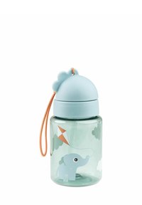 Sinine poolläbipaistev veepudel, millel on elevandi ja tuulelohe kujundus, ümar kork pilvemotiividega ja oranž kantav aas.