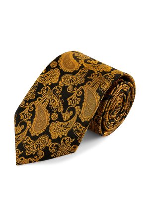 Svart slips rullet sammen, med intrikate gullfargede paisleymønstre med blomster- og dekorative detaljer.