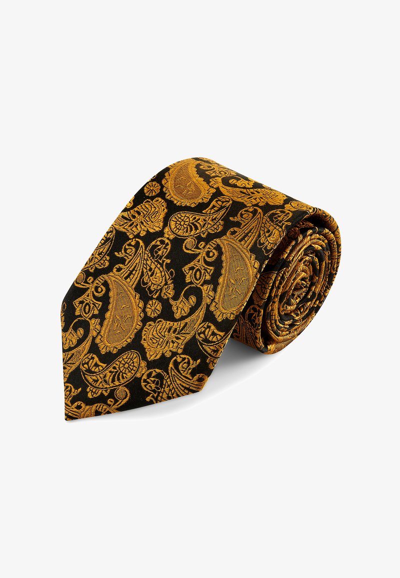 Black necktie rolled up, featuring intricate gold paisley patterns with floral and ornamental details.