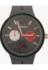 Orologio rotondo con cinturino in silicone nero, quadrante grigio e tre sotto-quadranti in bianco, rosso e nero. Presenta indici e lancette delle ore argentati.