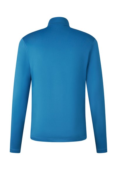 Polokošile s dlouhým rukávem v jasně modré barvě, hladká látka s mírně lesklým povrchem, s vysokým límcem a bez viditelných vzorů nebo akcentů.