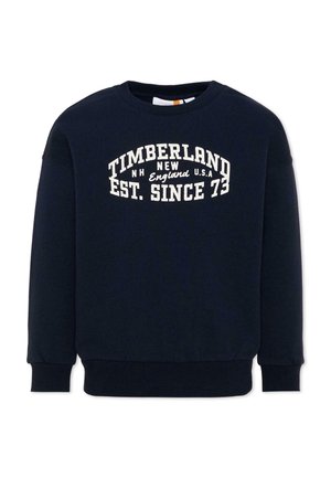 Granatowa bluza z długim rękawem z prążkowanymi mankietami i dołem, z białym logo Timberland i tekstem "New England U.S.A Est. Since 73" z przodu.