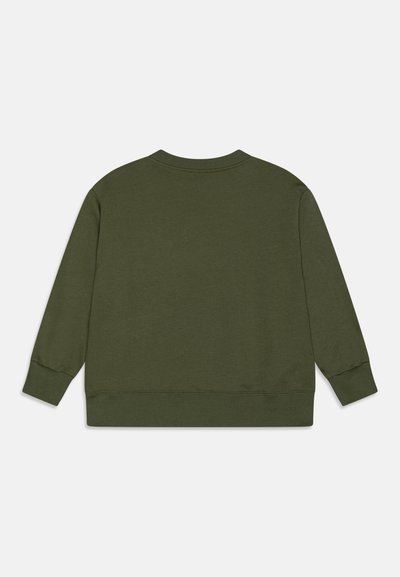 Sudadera verde con mangas largas, cuello redondo y puños y dobladillo acanalados. Textura suave con un acabado de color sólido.